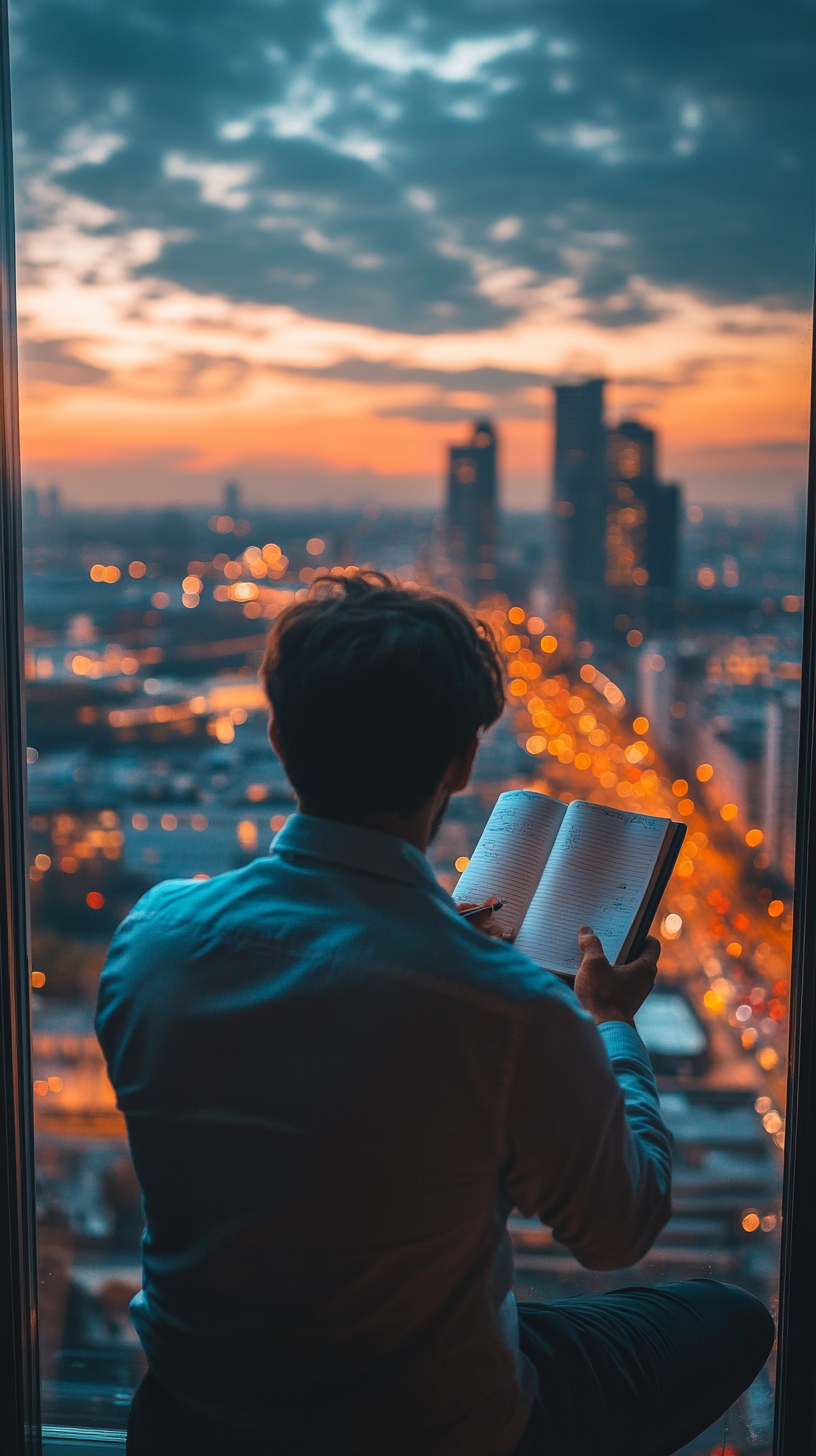 Entrepreneur brainstorming ideas at window seat with city view