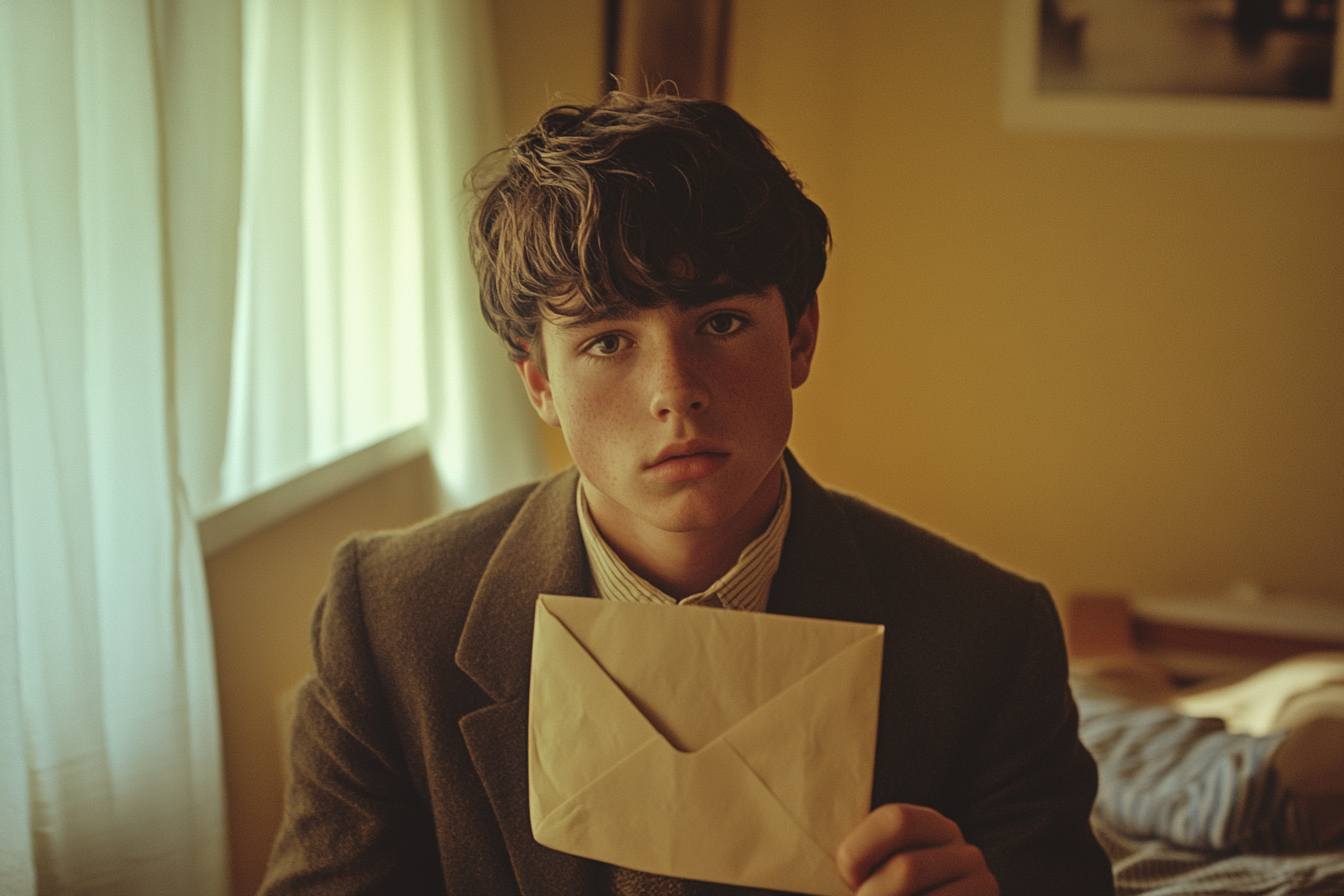 Envelope held by teenage boy in Wes Anderson style.