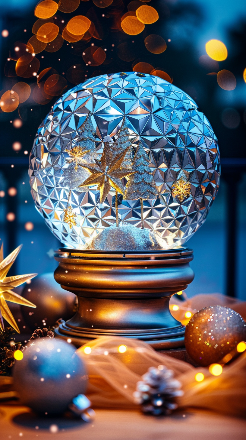 Epcot Snowglobe on Wood Table with Holiday Lights