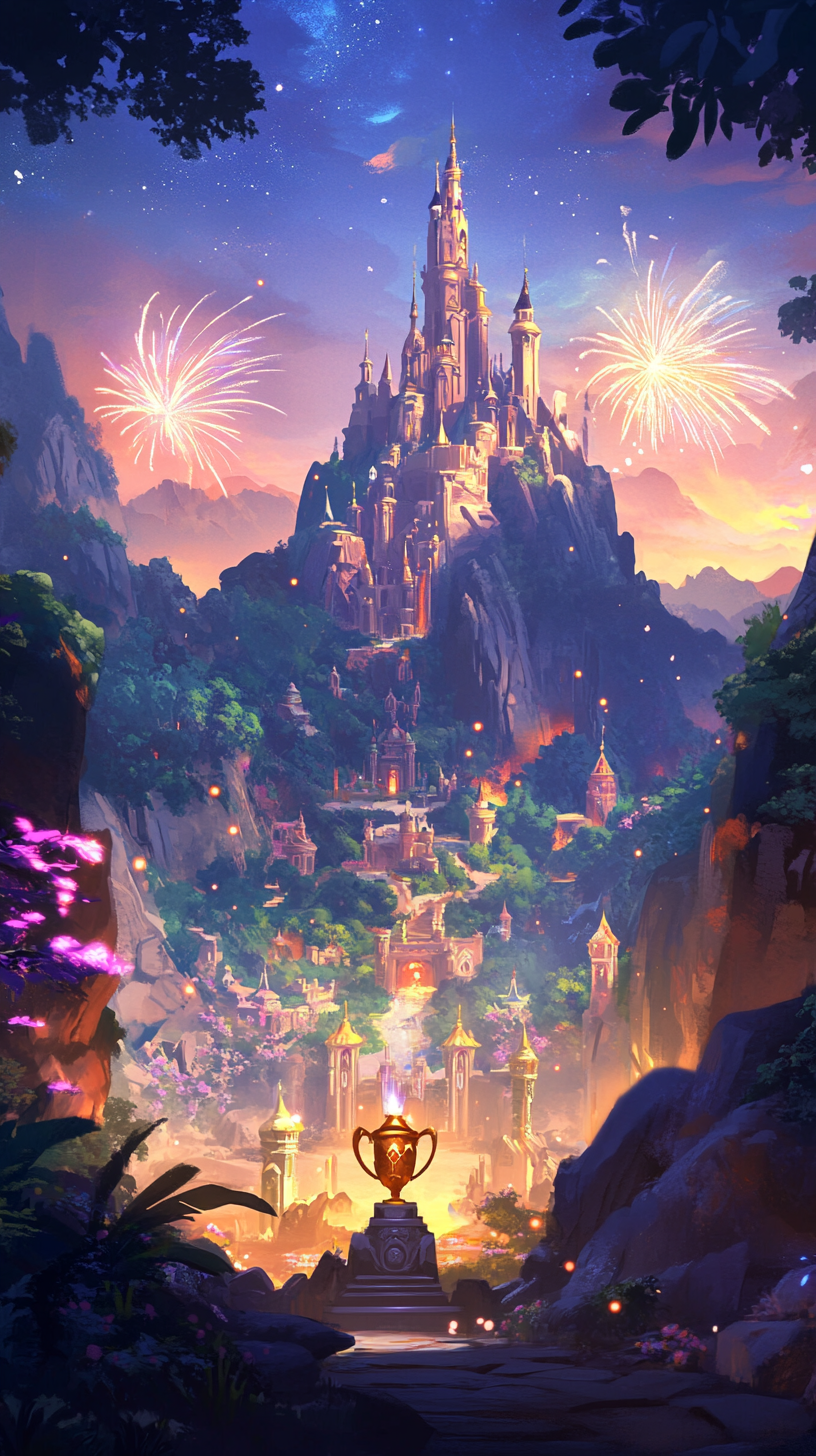 Epic Disney-inspired Triumph Scene: Castle, Banner, Trophy 