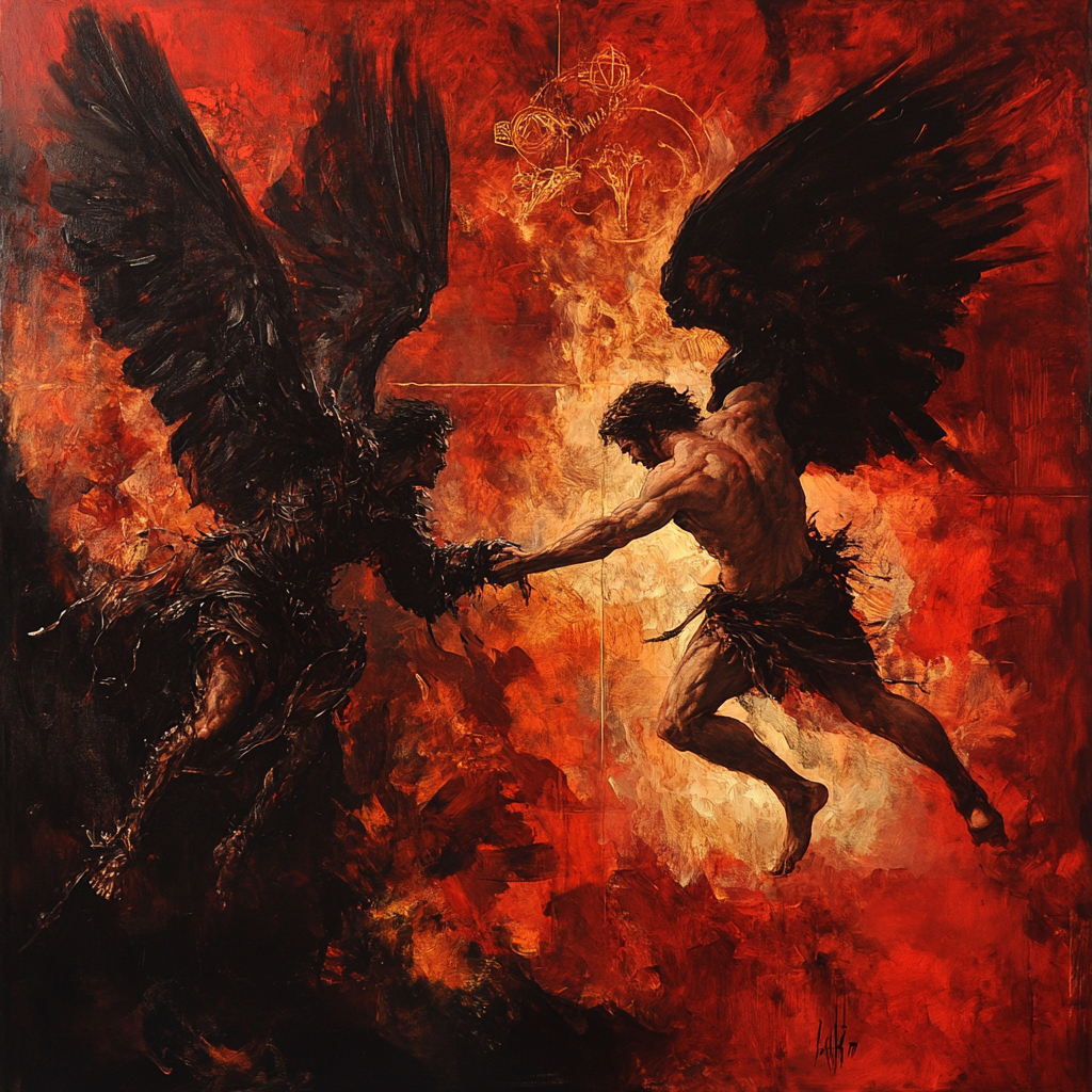 Epic battle between demon and angel with symbols.