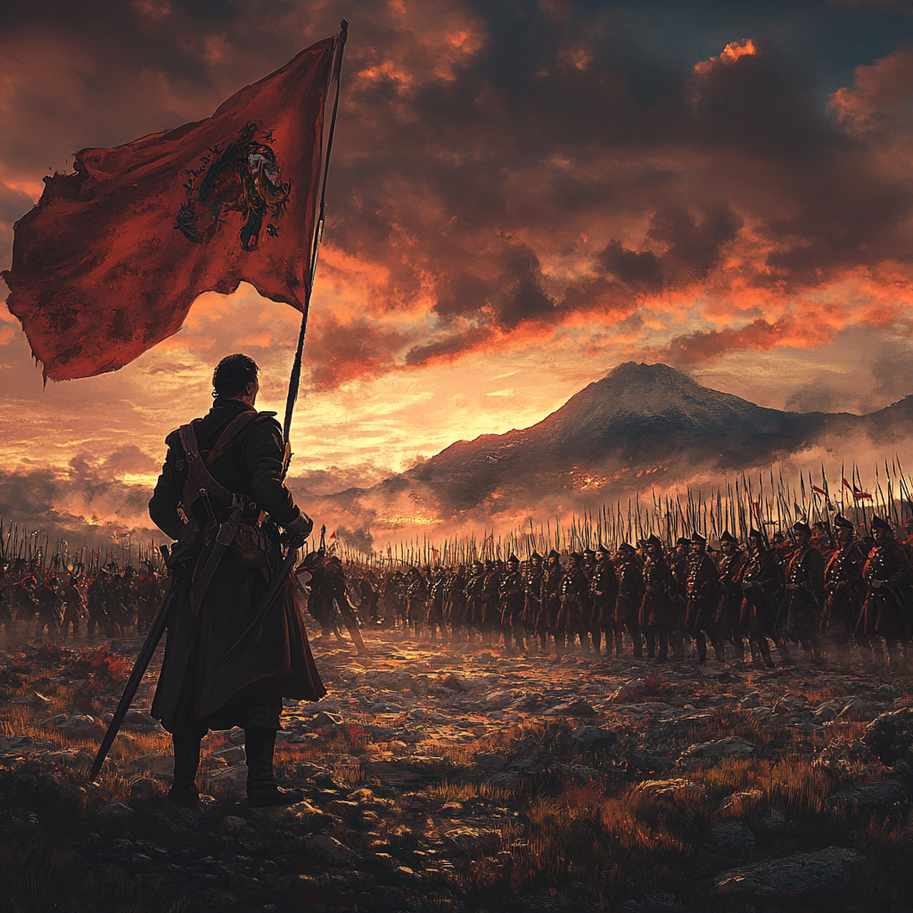 Epic scene with soldiers in formation, glowing sky, heroism.