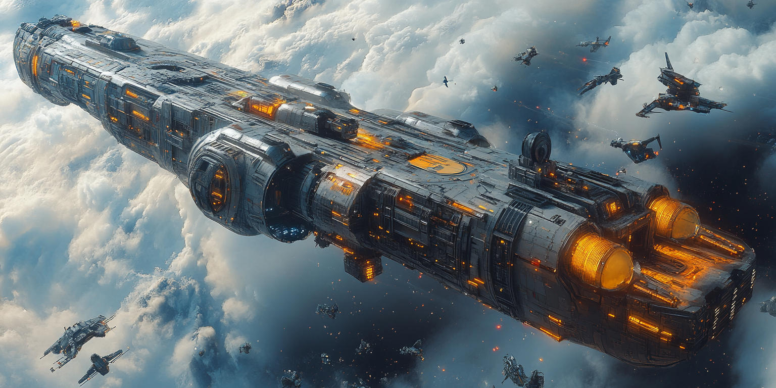 Epic sci-fi warfare with Corvette battleship, launching giant mechs.