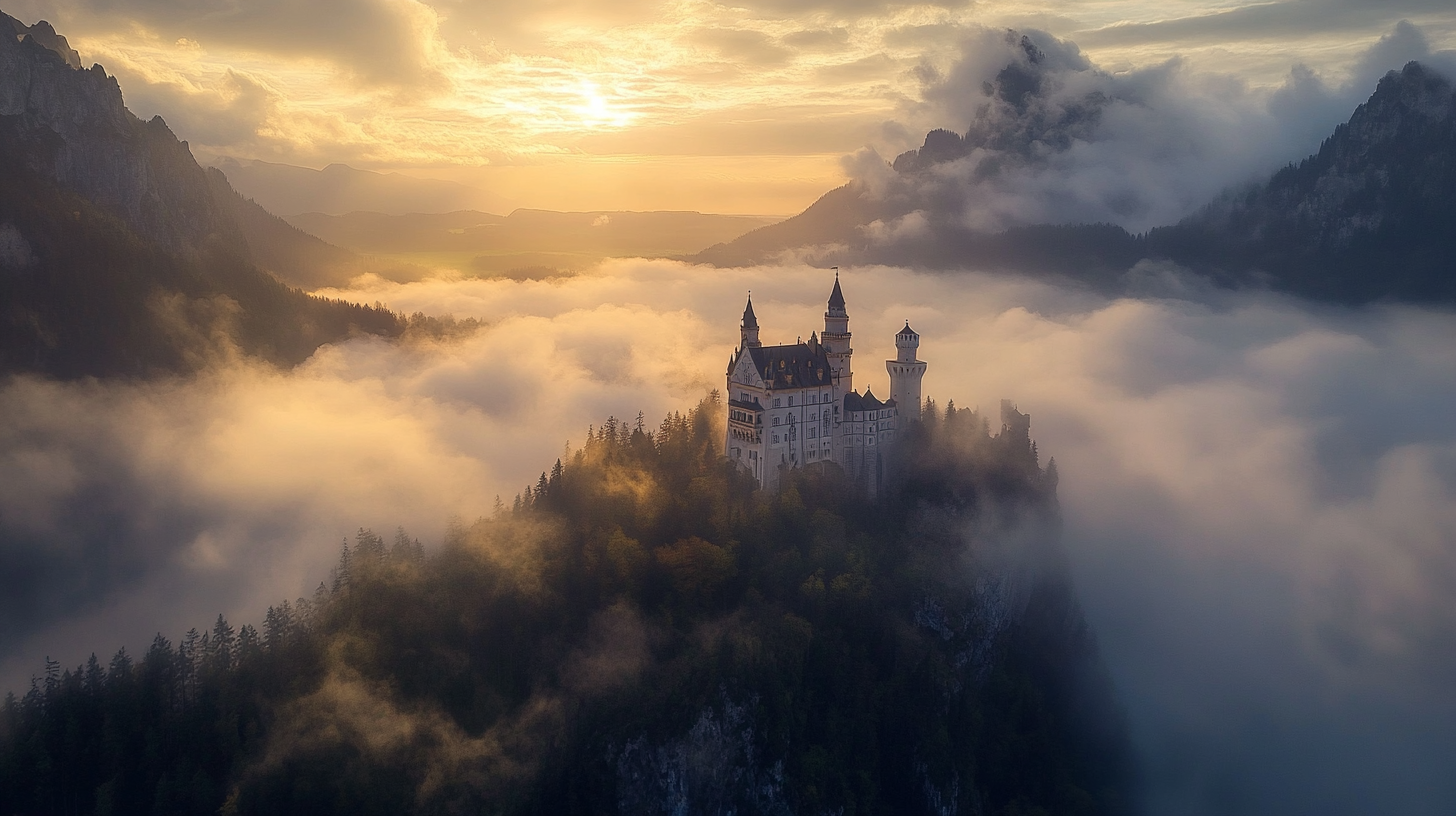 Ethereal German Castle in sea of clouds, Neuschwanstein Castle.