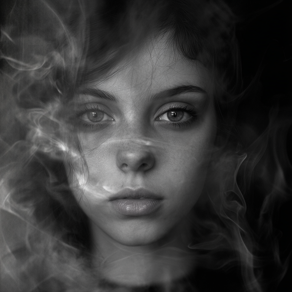 Ethereal Scottish female ghost in grayscale portrait reflection.