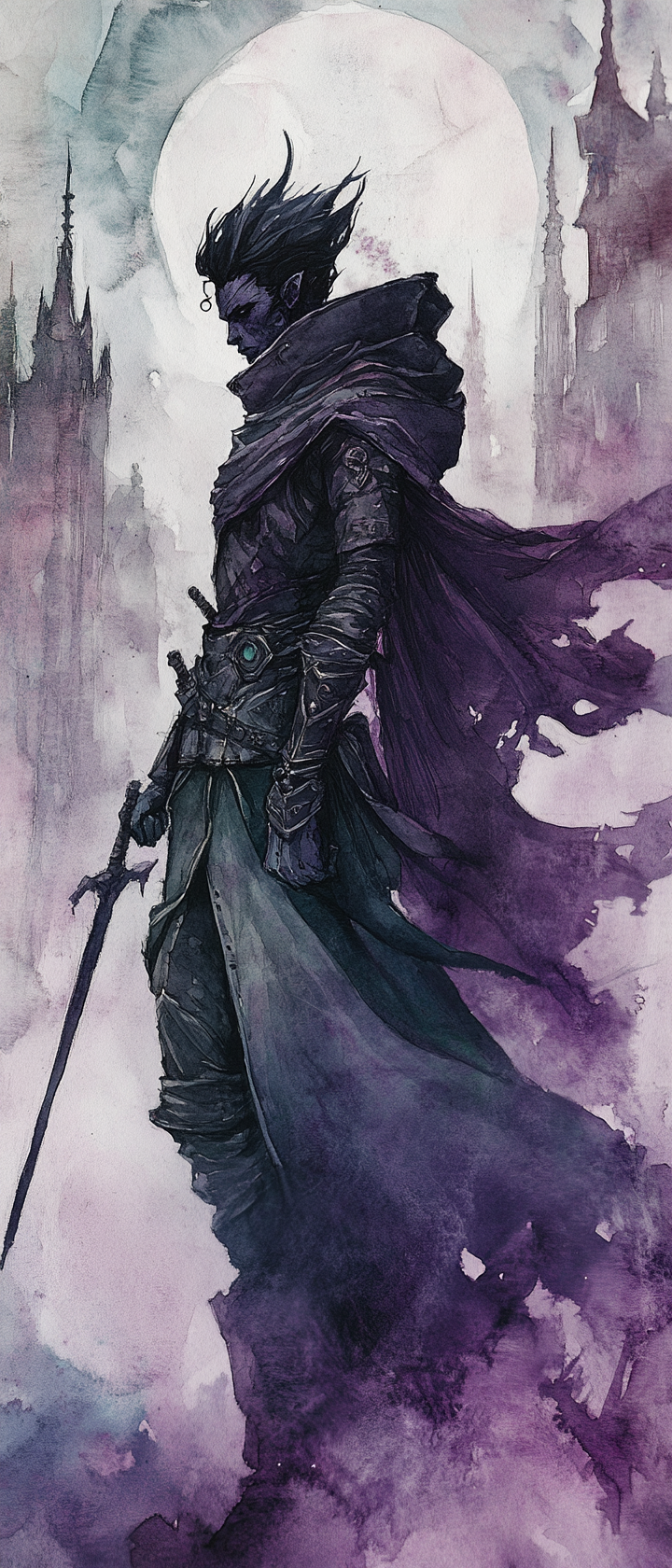 Ethereal Tiefling alchemist in Dark Fantasy watercolor art.