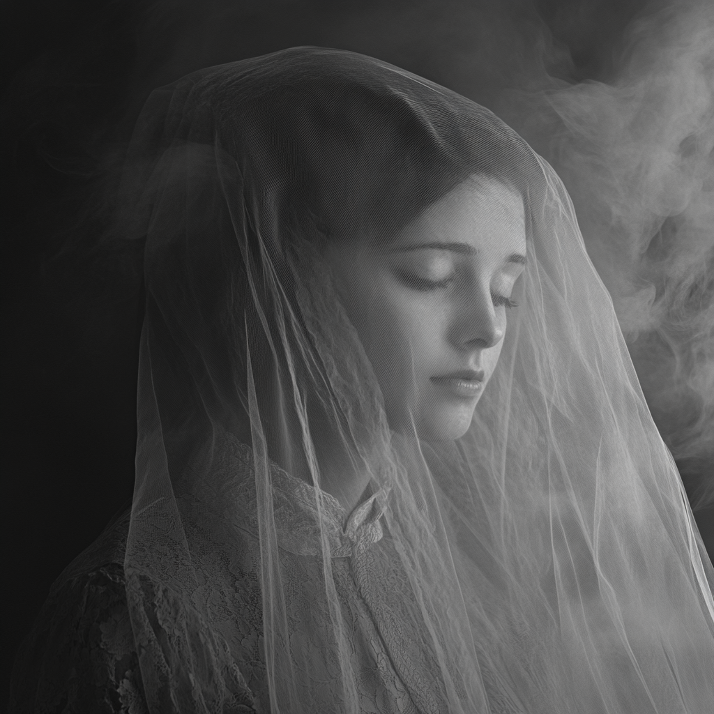 Ethereal Victorian ghost wearing a veil, looking forward.