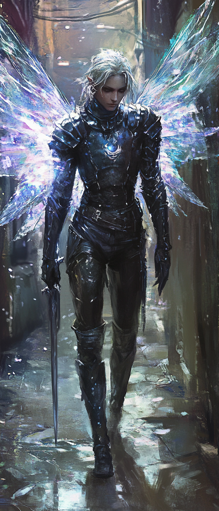 Ethereal fairy rogue in leather armor with wings.