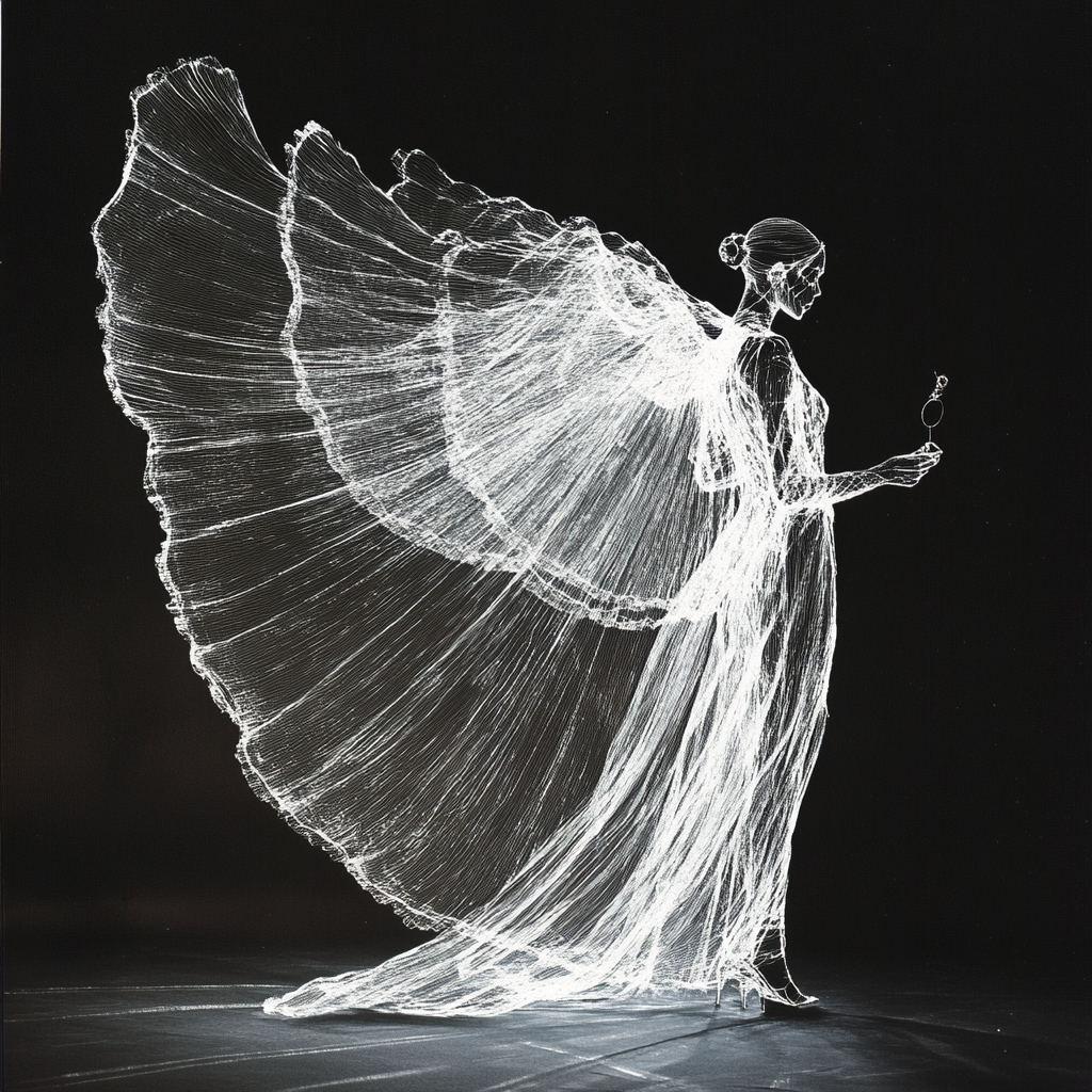 Ethereal fashion show features angelic model in motion.