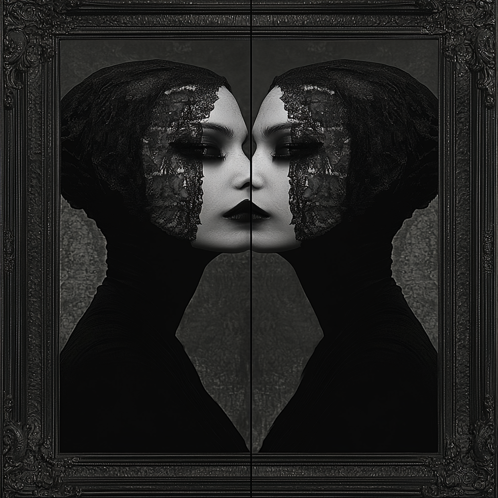 Ethereal female ghost in grayscale, reflecting in square mirror.