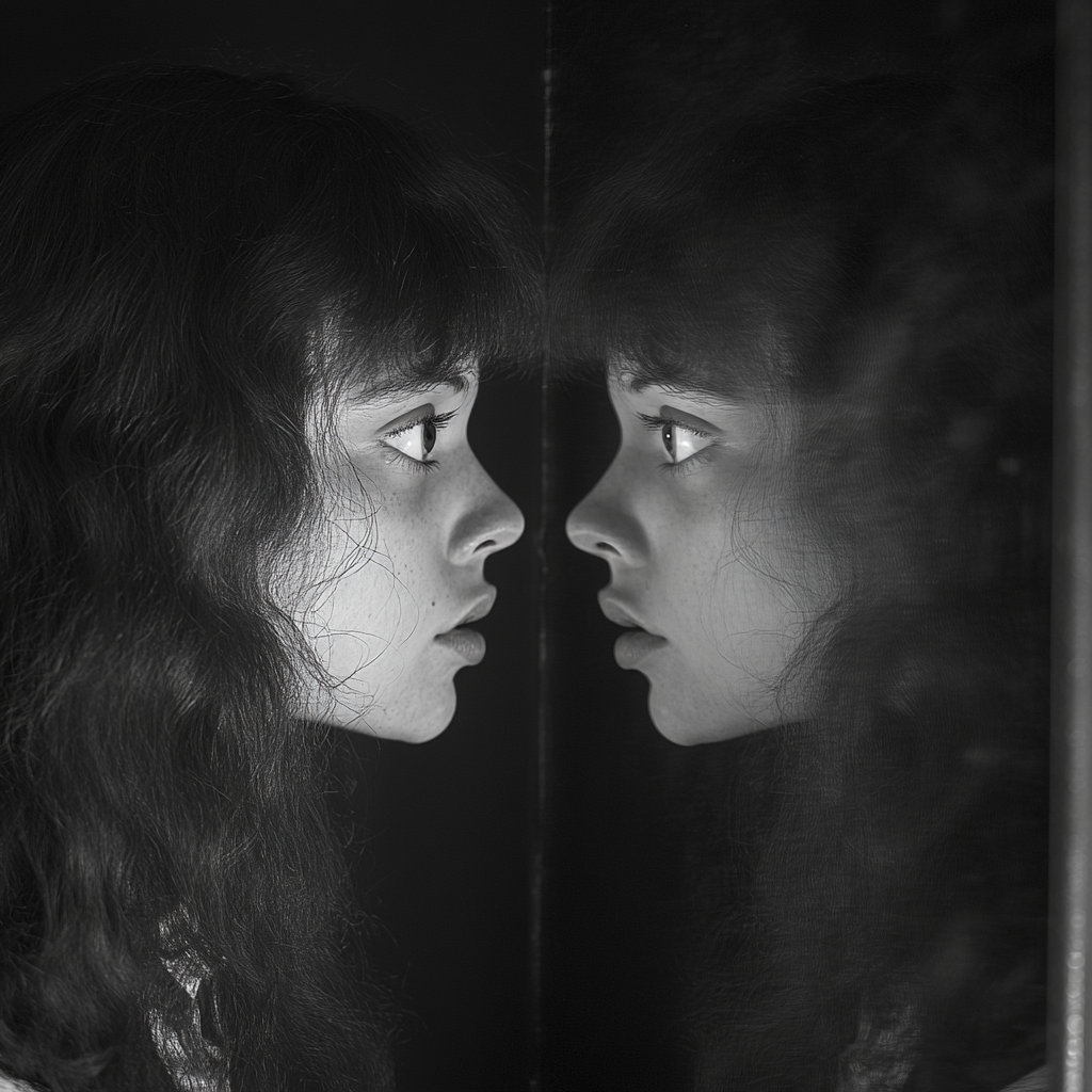 Ethereal female ghost reflected in square mirror frame.