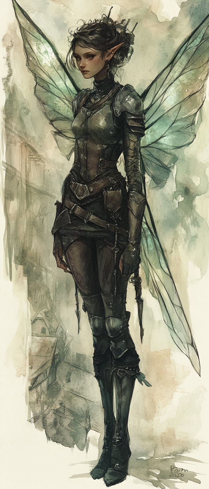 Ethereal fey tinker in leather armor, bug wings folded.