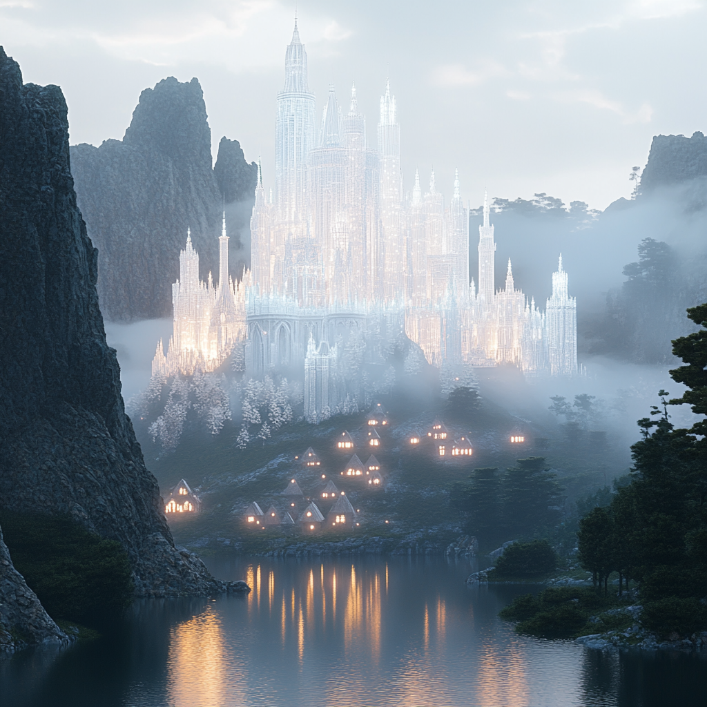 Ethereal fiber optic castle on hill in misty forest.