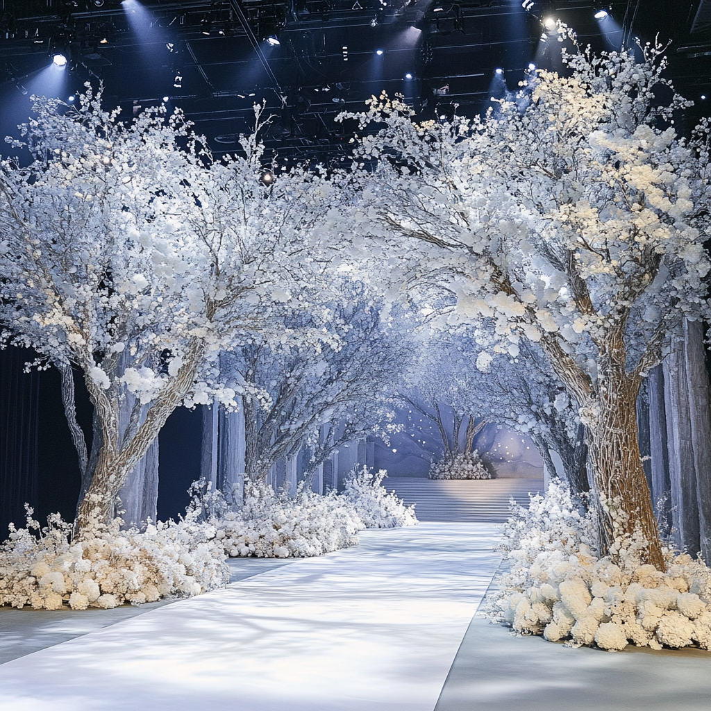 Ethereal forest runway with white trees, flowers, and lights.