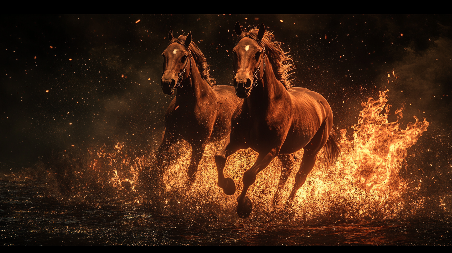 Ethereal horses running on fiery surface, dreamy and intense.