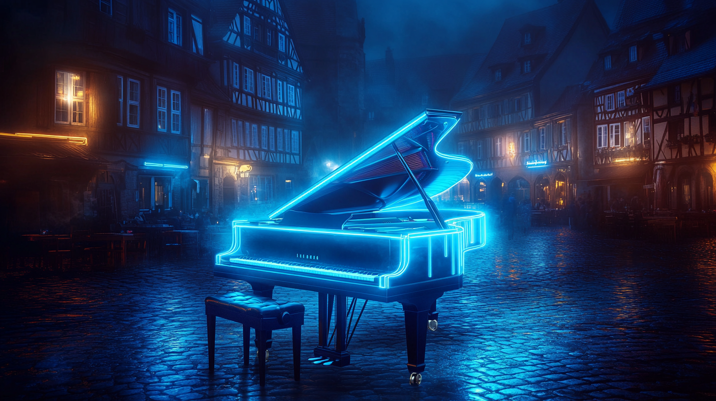 Ethereal image of electric neon grand piano.