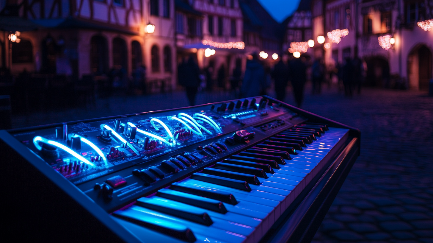 Ethereal image of neon piano in German village square.