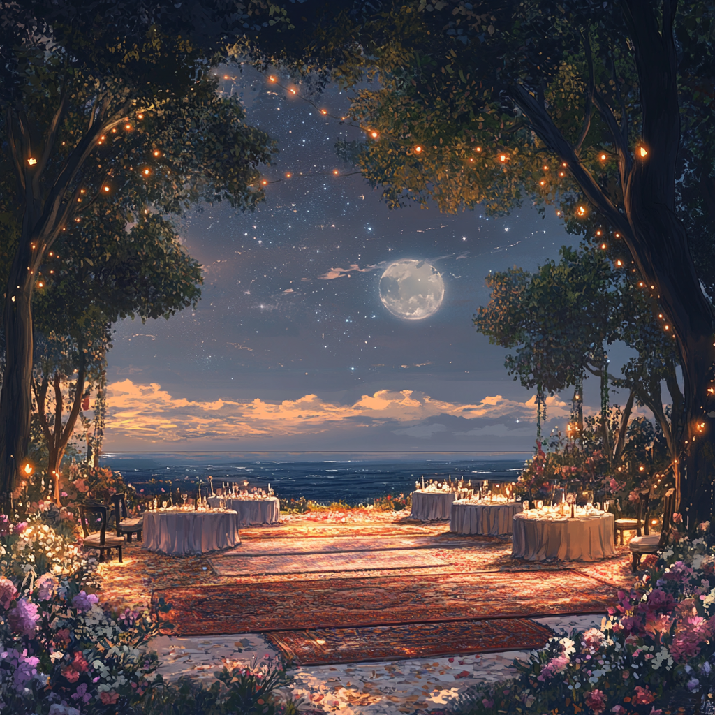 Ethereal night party by ocean, candles, flowers, stars.