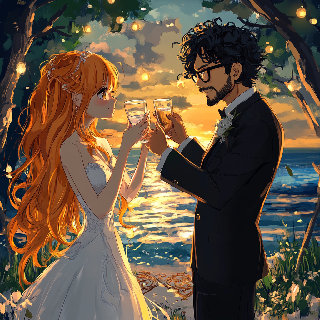 Ethereal outdoor wedding party with anime-inspired characters.