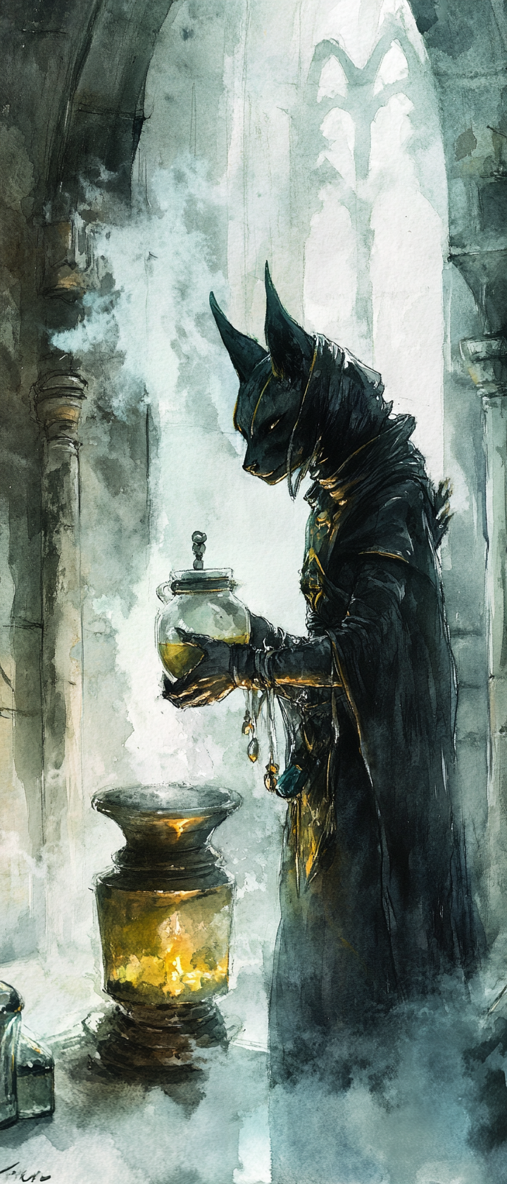 Ethereal tiefling alchemist brews potion in medieval building.