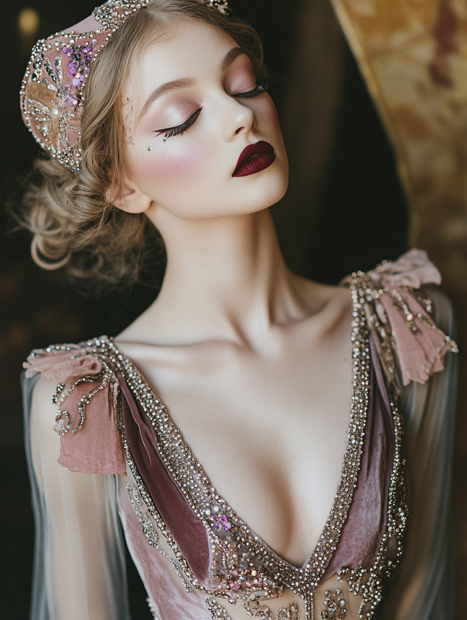 Ethereal young woman in vintage couture clown costume.