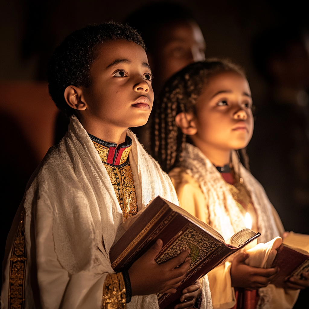 Ethiopian Christian Sunday School Students Praying in Church