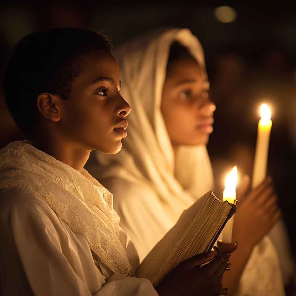 Ethiopian Orthodox Sunday School Students Praying Christian Church