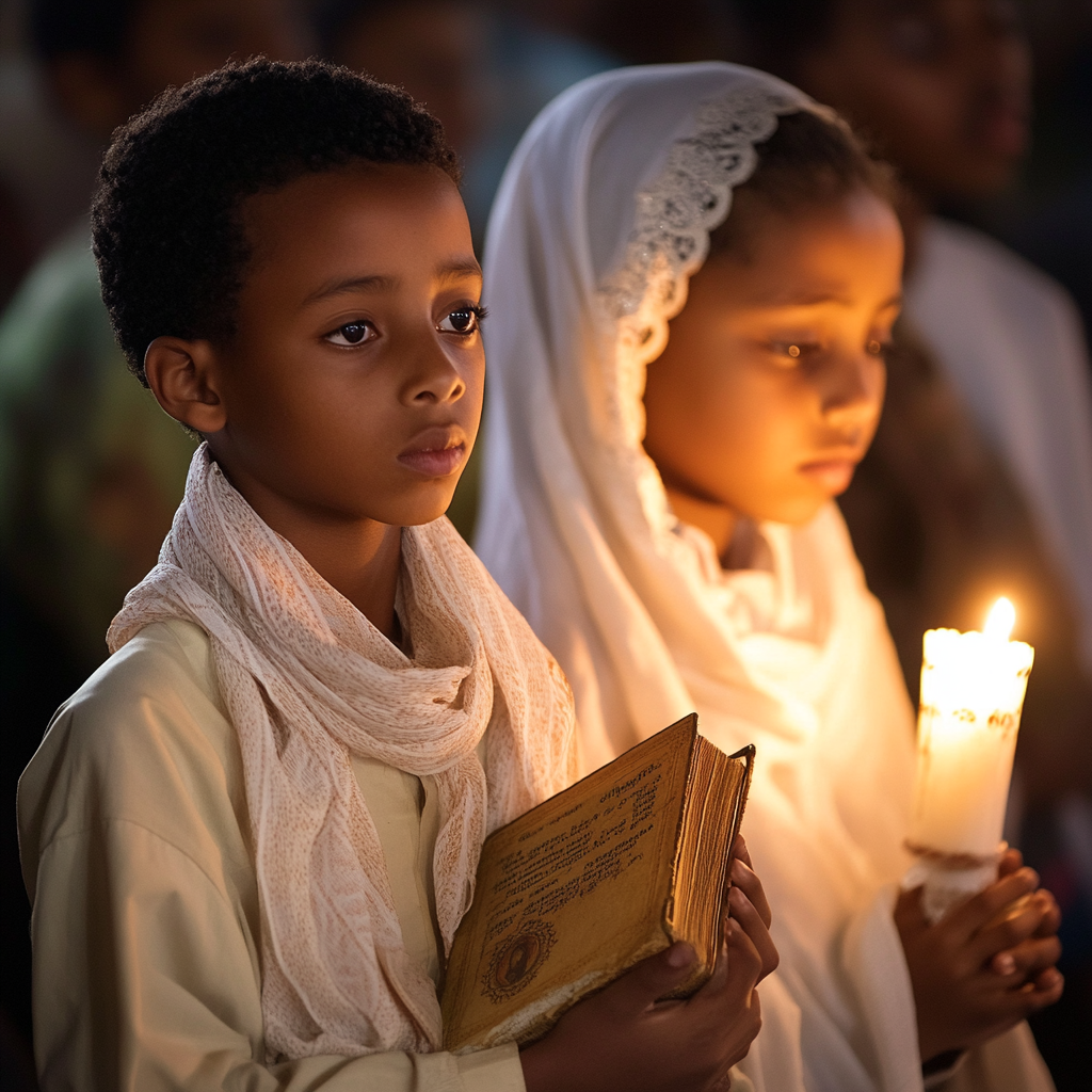 Ethiopian Orthodox Sunday School Students Praying Together Church