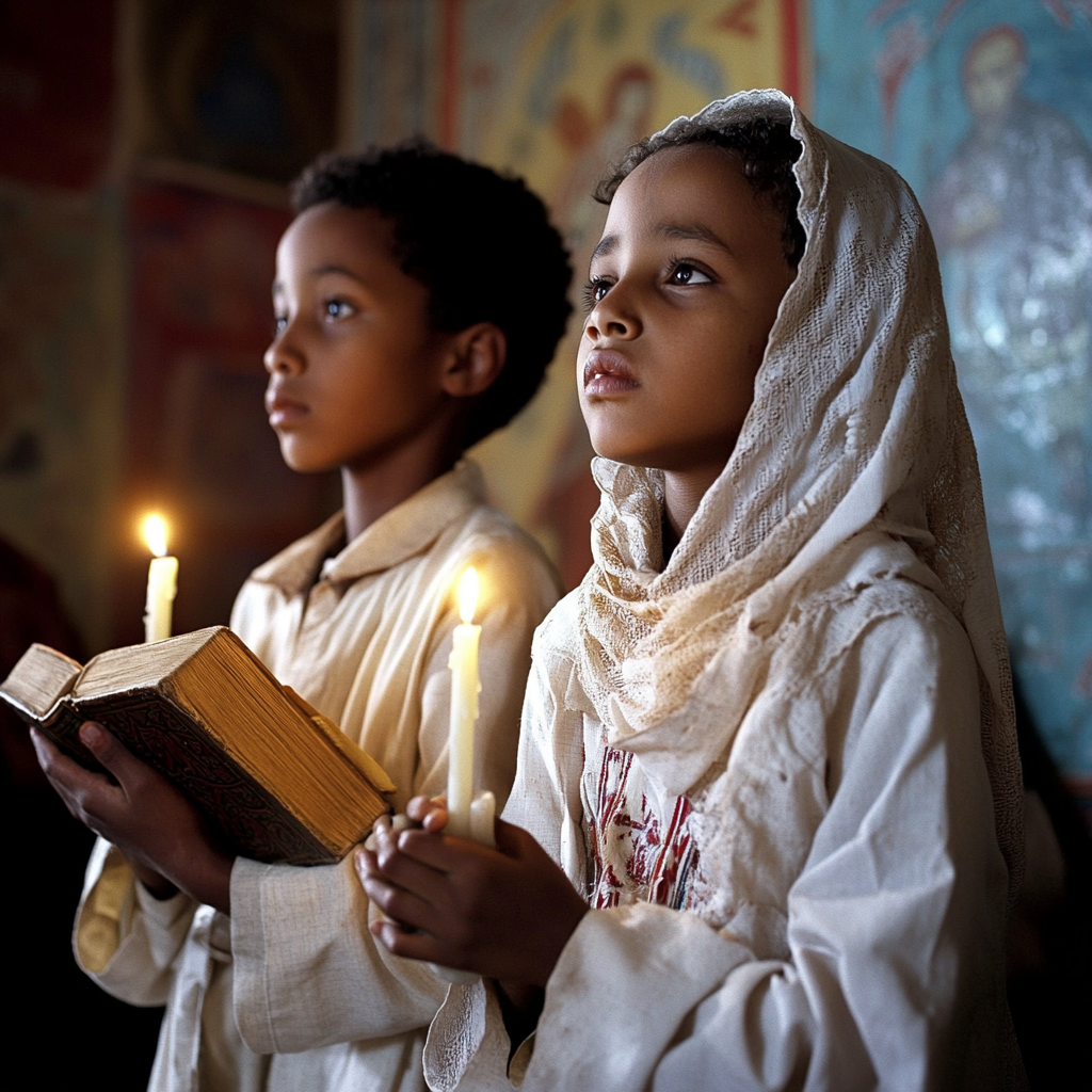 Ethiopian Sunday School Students Praying with Bible and Candle