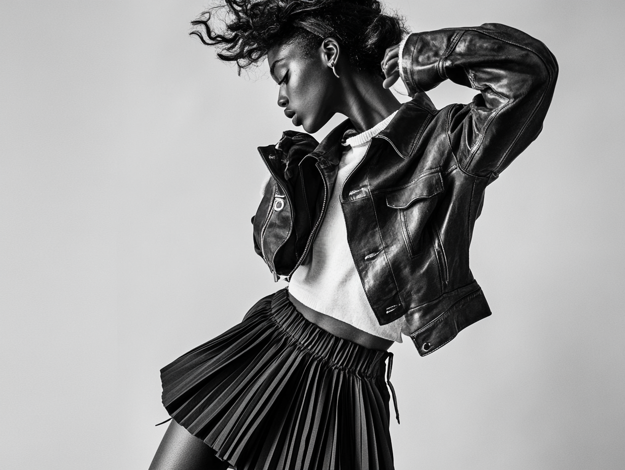 Ethiopian woman in bomber jacket adjusts hair gently.