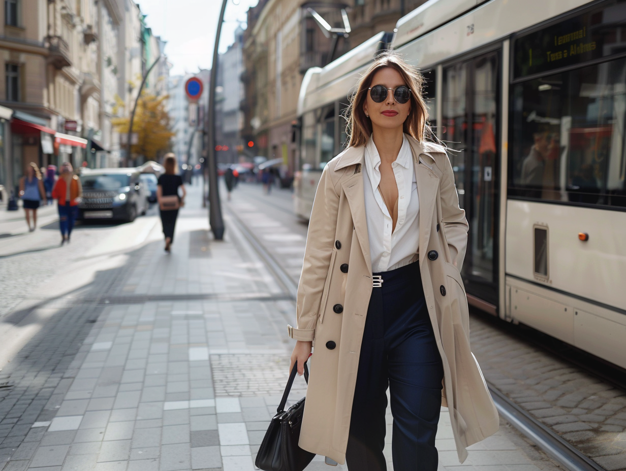 European City Businesswoman Layering Trench Coat Over Outfit 