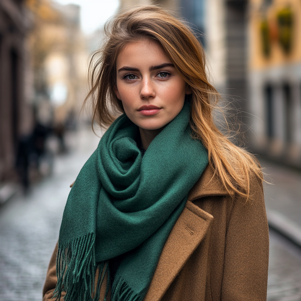 European Female Model in Seaweed Color Cashmere Scarf