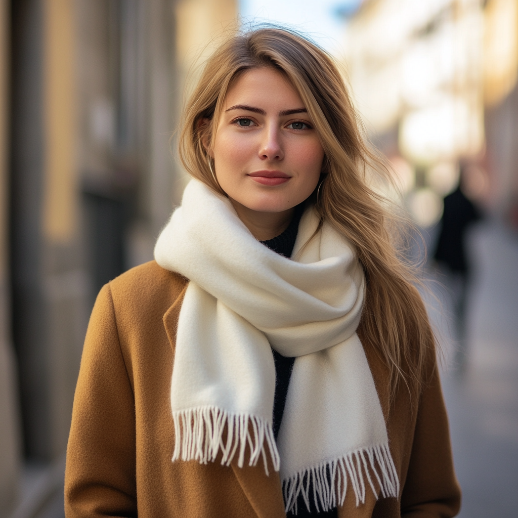 European Female Model in White Cashmere Scarf 