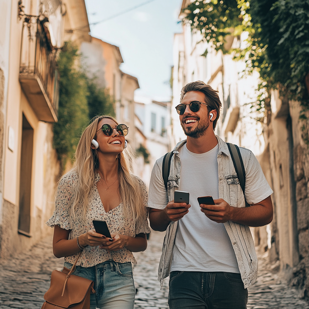 European Tourists Strolling Cobblestone Street 