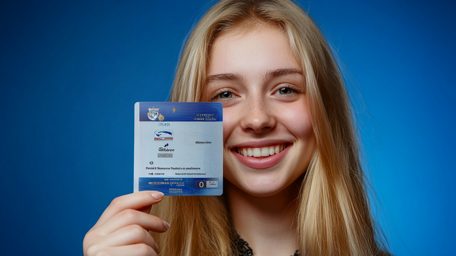 European driver's license held by smiling Dutch woman.