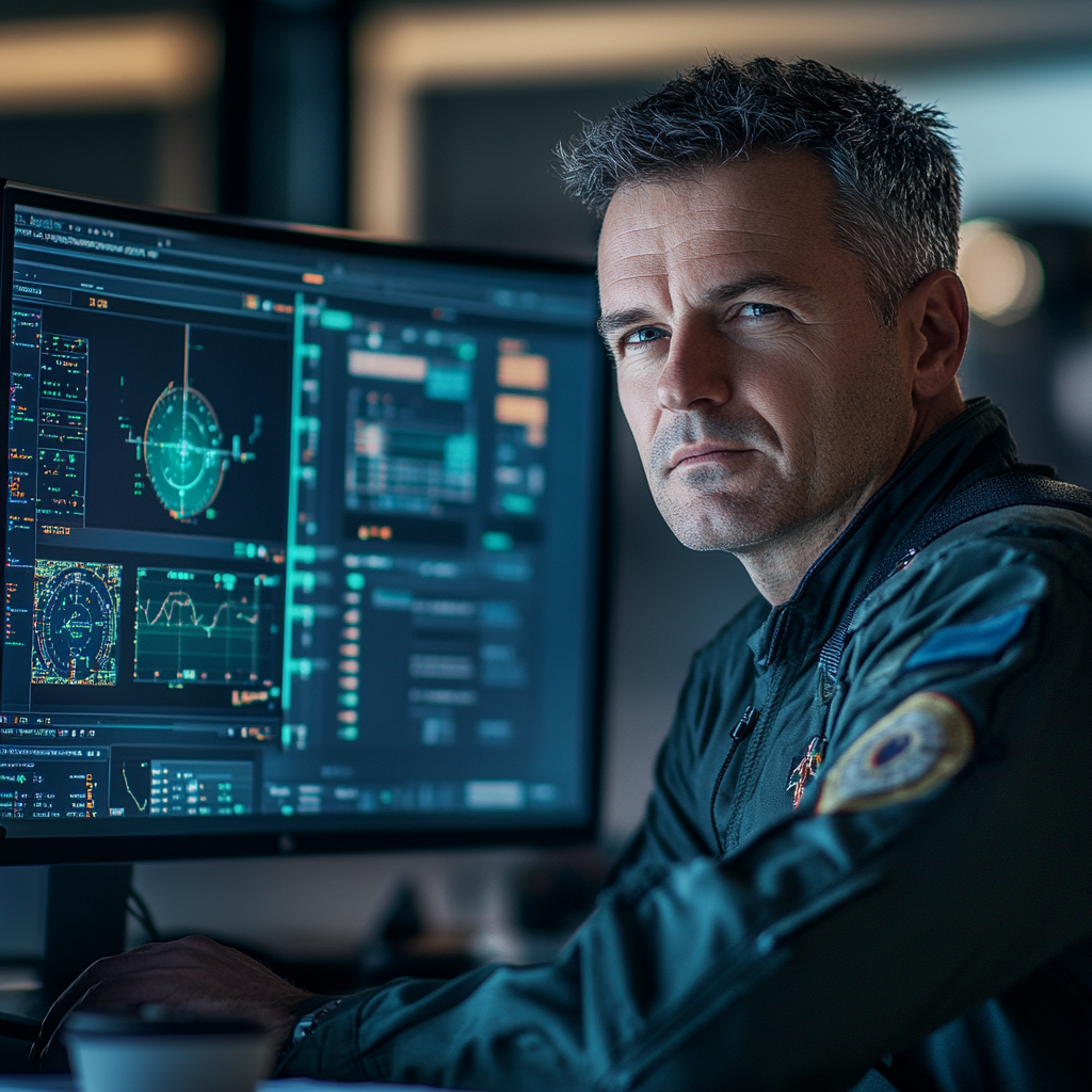 European man in pilot uniform enjoys virtual meeting.