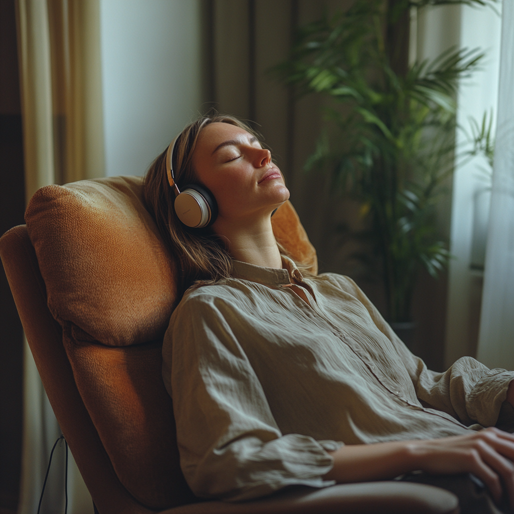 European woman listens to classical music with closed eyes.