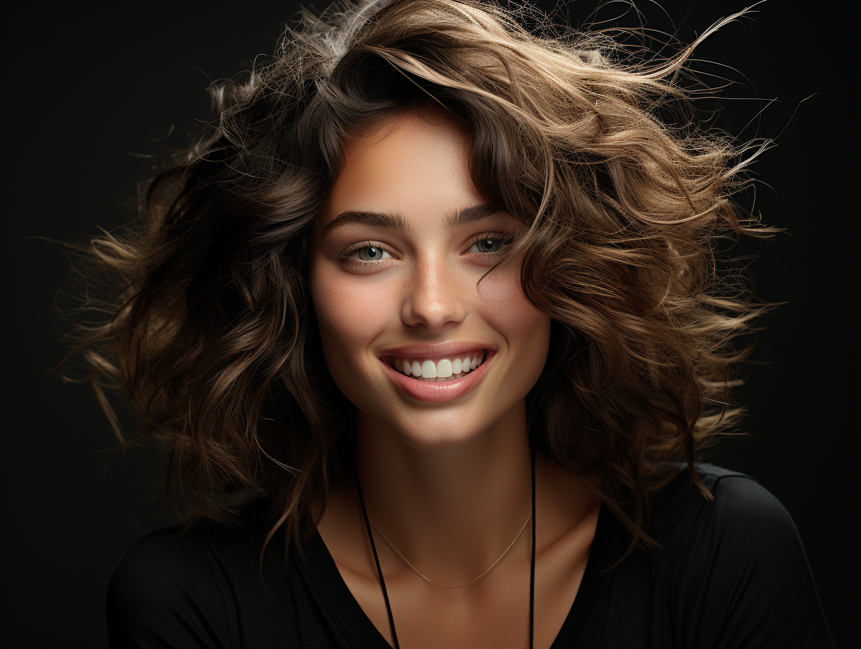 European woman smiling in detailed black & grey.