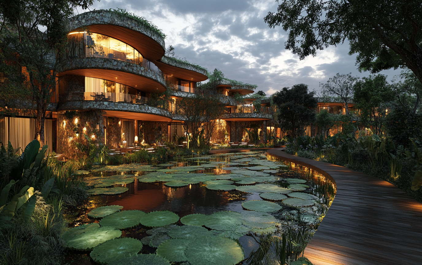 Evening luxury riverside hotel design inspired by lily pads.