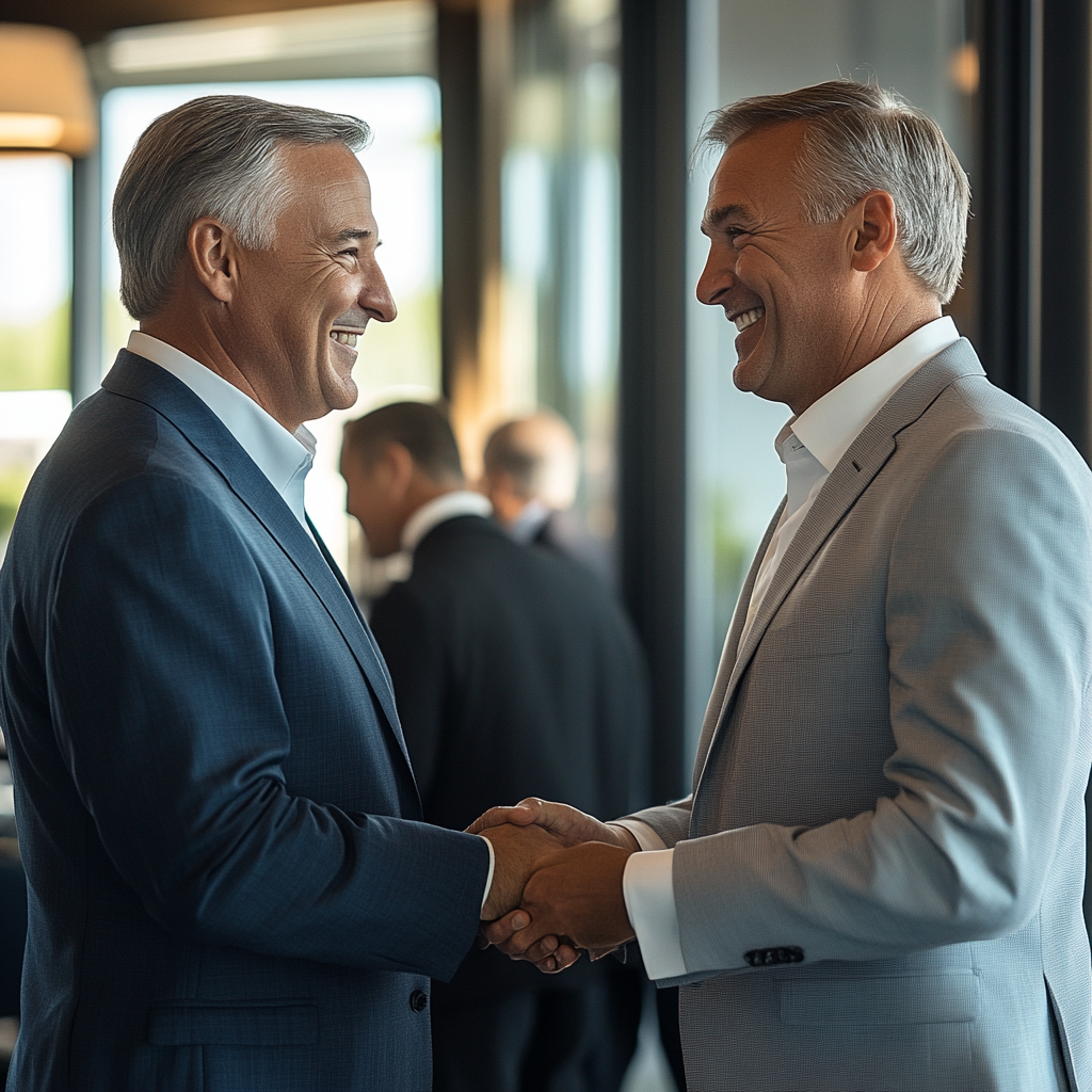 Event venue with men shaking hands, smiling, luxury.