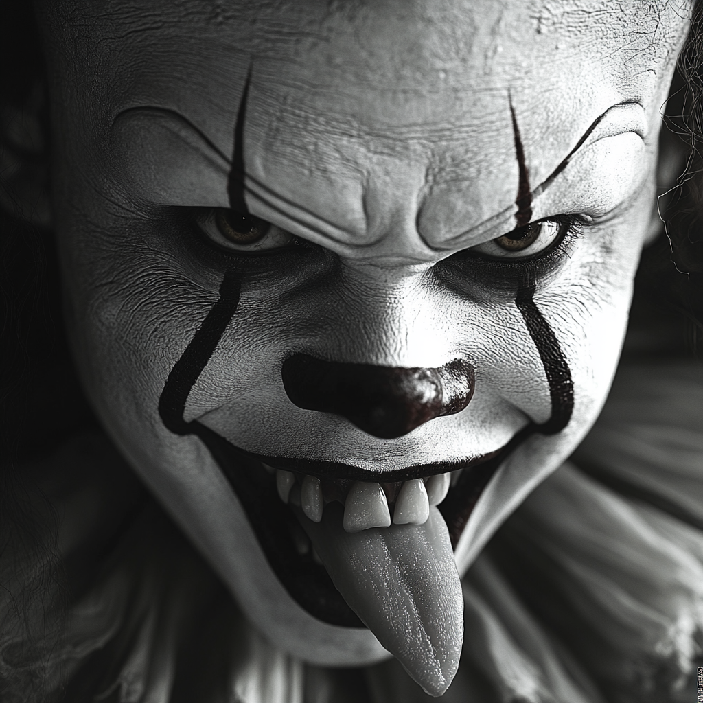 Evil Pennywise Clown with Sharp Teeth in Black and White