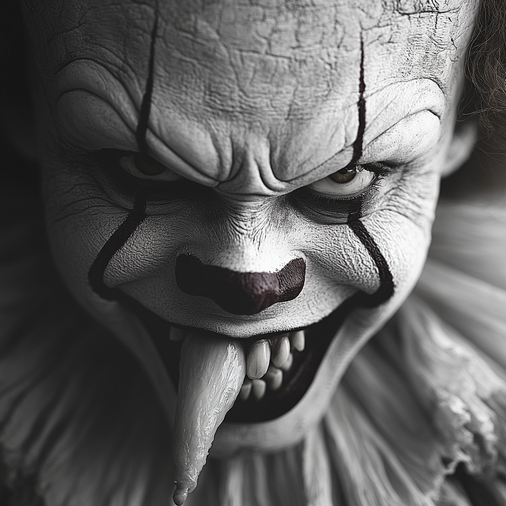 Evil Pennywise clown with long sharp teeth