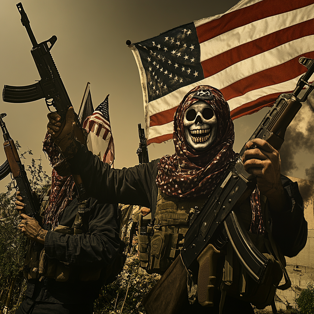 Evil Uncle Sam watches over rebel Libyan soldiers