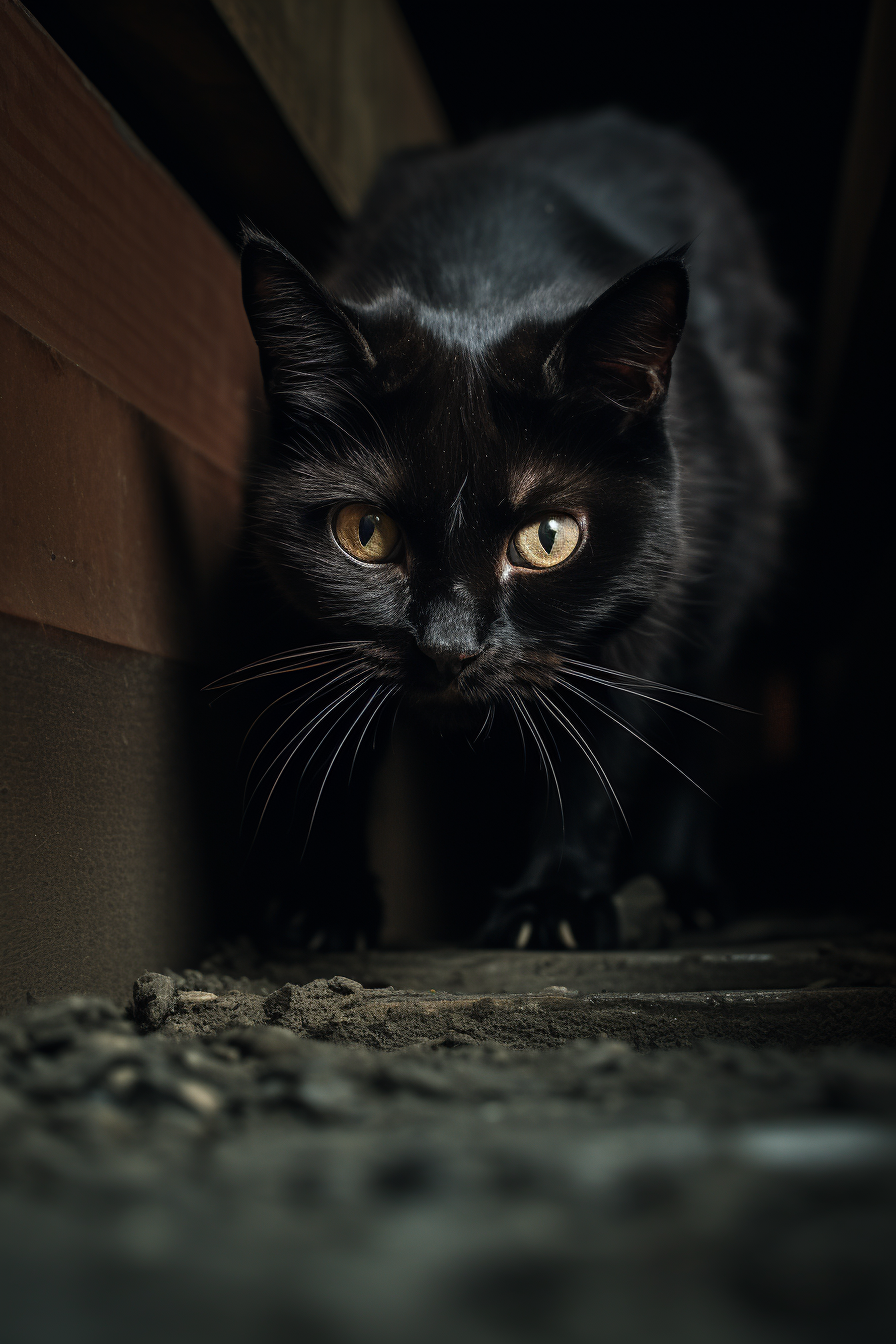 Evil black cat crawling down stairs, dramatic lighting.