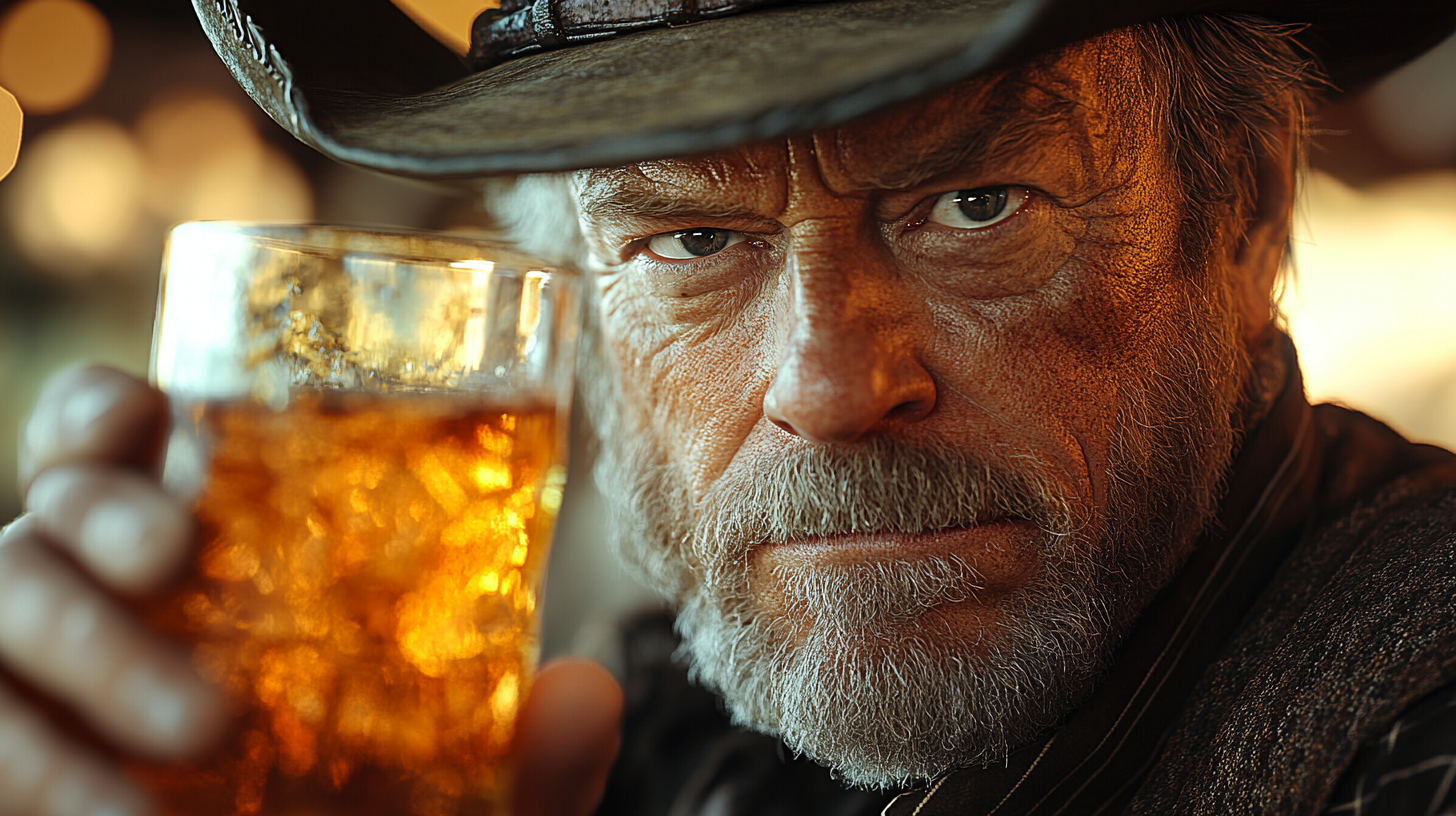 Evil cowboy enjoying drink, detailed, high quality image.