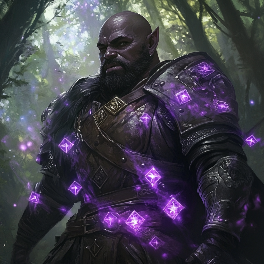 Evil dwarf man in dark armor in forest.