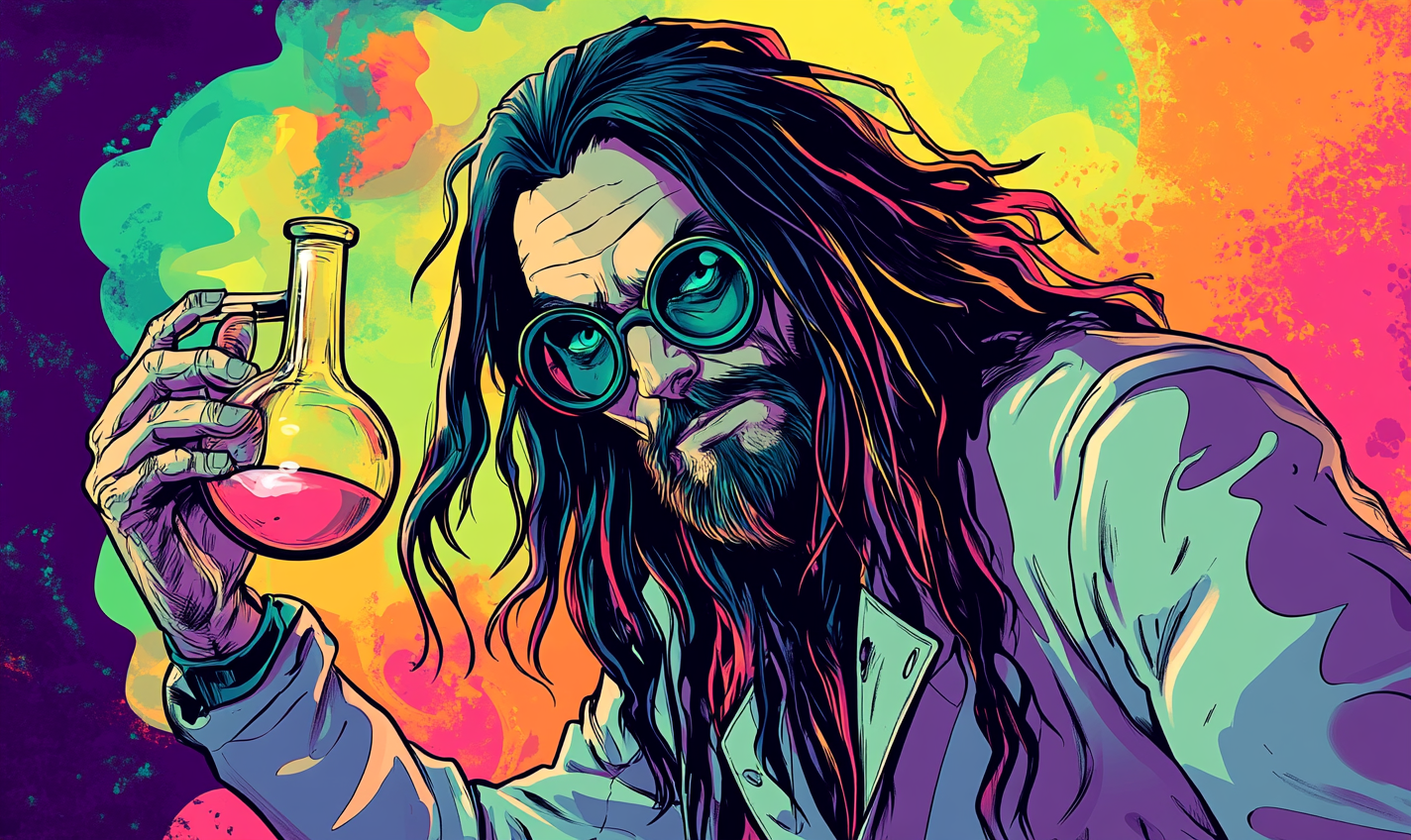 Evil mad scientist with long hair and round glasses.