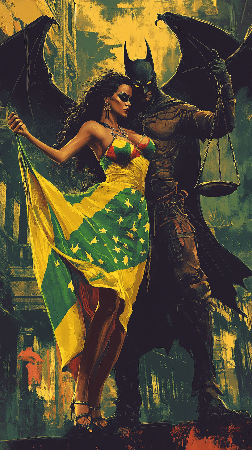 Evil man holding woman in Brazilian flag dress.