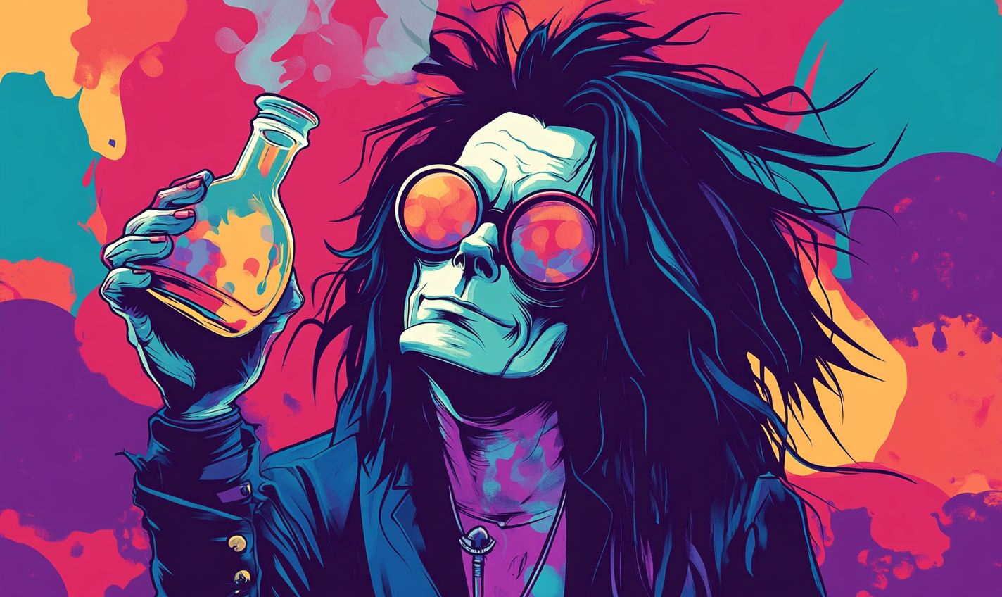 Evil scientist resembling Nikki Sixx doing colorful experiments.