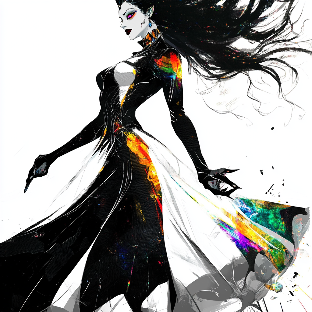 Evil woman in colorful suit, Jae Lee art.